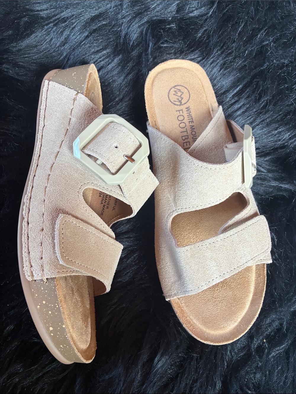 White Mountain Taupe Suede Slide‎ Sandals with Ivory Buckles